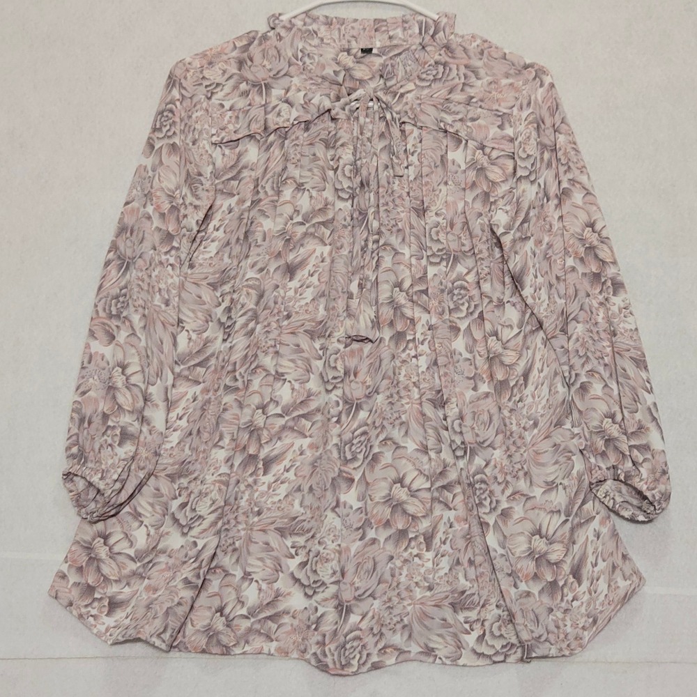 Womens XL Floral Print Long Sleeve Mock Neck Tie Neck Blouse Top